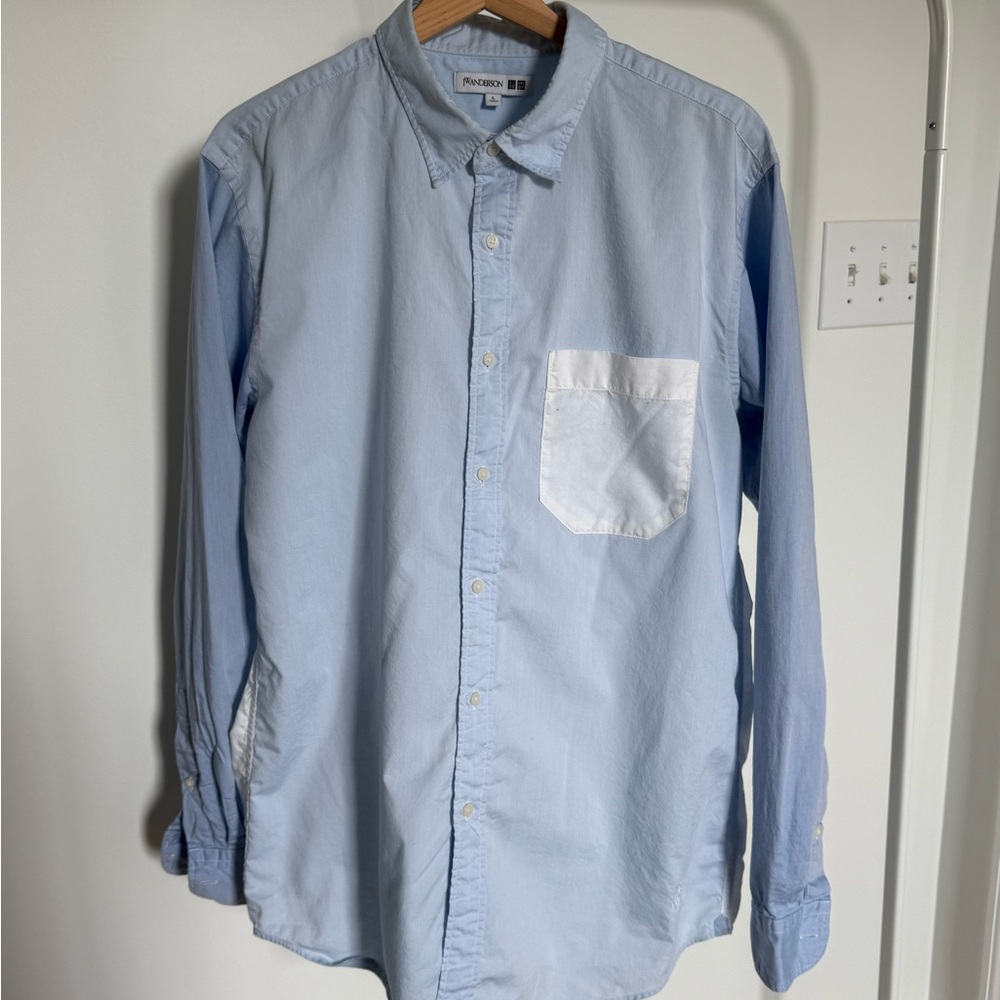 JW Anderson x Uniqlo Men's Light Blue Button-Up Shirt with White Pocket